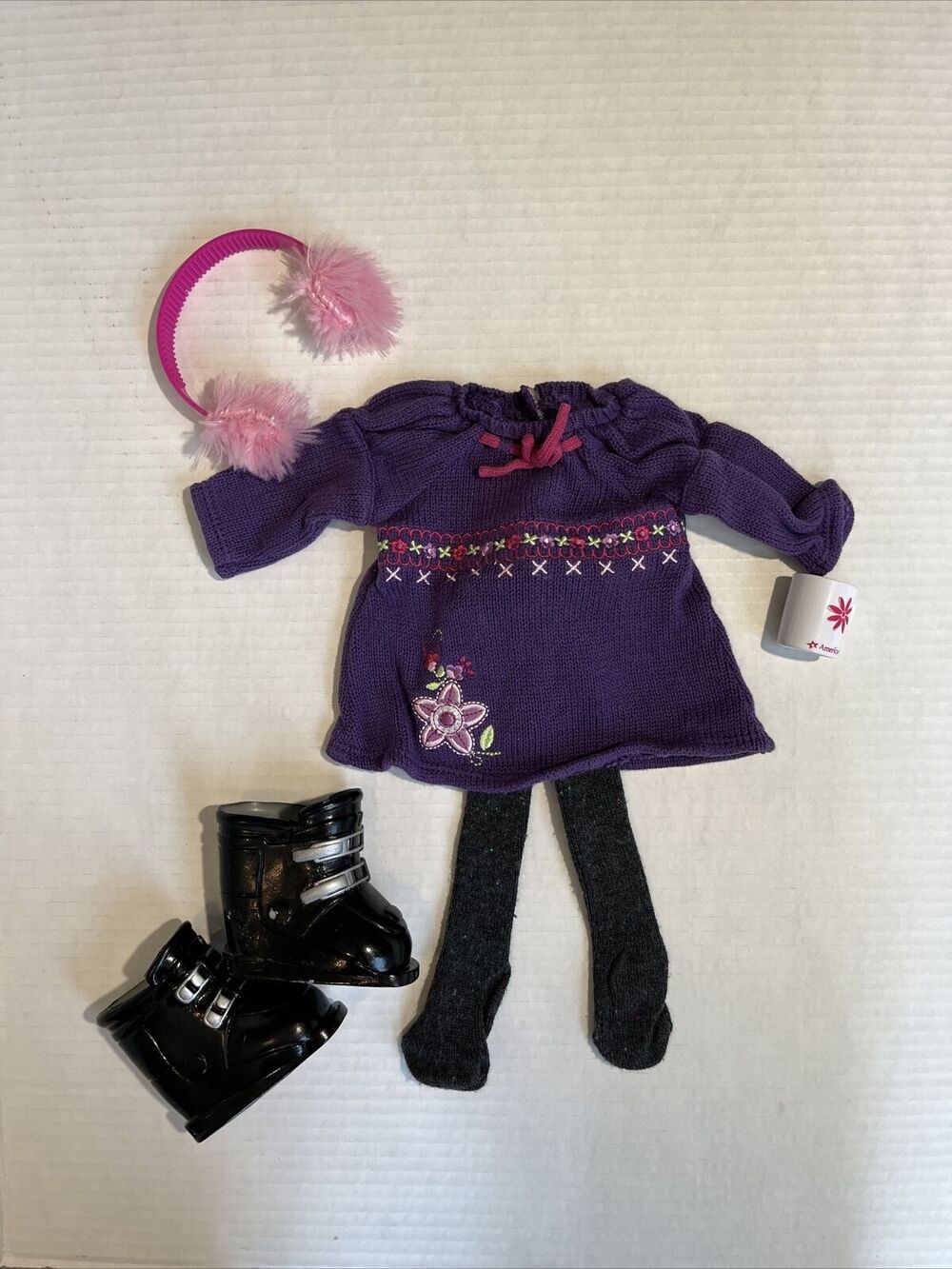 American Girl Purple Sweater Outfit For A Cold Day W/ Boots, Earmuffs Coffee Mug